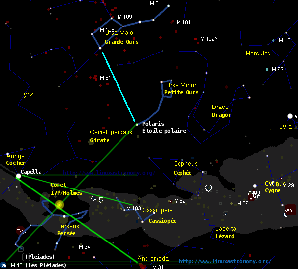 Carte, comment trouver la constellation Perseus ainsi que la comete 17P/Holmes.