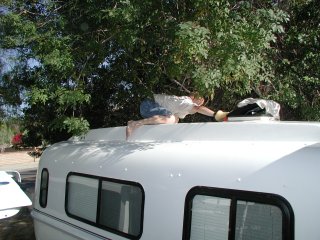 Matthew cleaning the trailer.